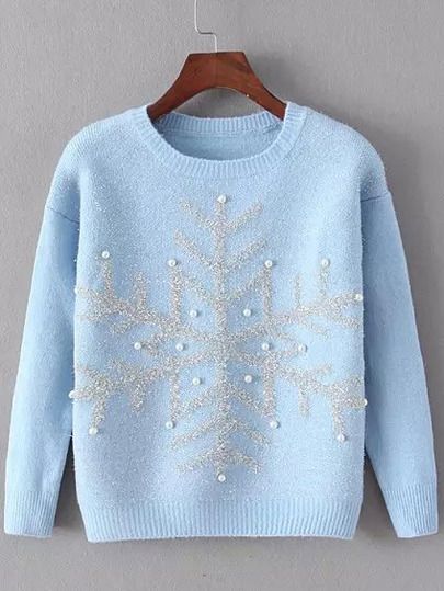 Blue Round Neck Snowflake Patterned Bead Sweater -SheIn(Sheinside) Mobile Site Áo Blu, Hollow Sweater, Winter Mode Outfits, Fine Knit Sweater, Stylish Hoodies, Beaded Sweater, Trendy Dress Outfits, Trendy Fashion Tops, Stylish Sweaters