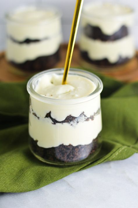 Chocolate Cake Cheesecake Cups | A Taste of Madness Small Glass Containers, Cheesecake Cups, Easy Chocolate Cake, Vegetarian Cake, Sweetened Condensed Milk, Favorite Desserts, Chocolate Cake, Cream Cheese, Cheesecake