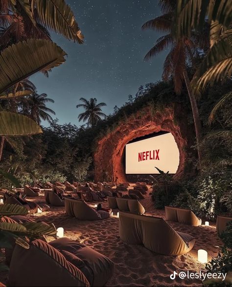 Rooftop Cinema, Rooftop Restaurant Design, Dreamscape Architecture, Outdoor Restaurant Design, Open Air Cinema, Adventure Aesthetic, Dream Beach, Outdoor Movie, Outdoor Restaurant