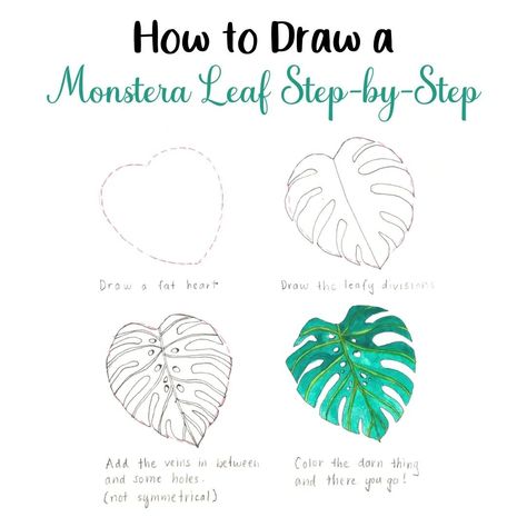 Draw A Monstera Leaf, Leaf Drawing, Heart Drawing, Monstera Leaf, Step By Step Drawing, Art Tutorials, To Draw, Line Art, Step By Step