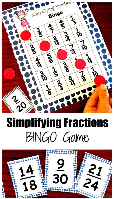 Simplifying Fractions Game, Fractions Games, Fraction Bingo, Simplest Form Fractions, Math Bingo, Printable Math Games, Simplifying Fractions, Fraction Games, Teaching Fractions