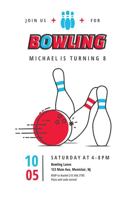 Modern Bowling - Sports & Games Invitation Template (Free) | Greetings Island Bowling Poster, Business Events Invitation, Bowling Invitations, Bowling Birthday Invitations, Bowling Party Invitations, Kids Bowling, Mermaid Baby Shower Invitations, Teaching Graphic Design, Baby Shower Invitation Wording