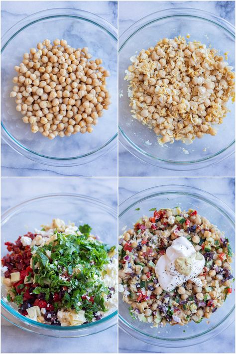 These Greek Chickpea Salad Melts are full of flavor and easy to make!  The Greek inspired chickpea salad is loaded with veggies and goes perfectly with the melted mozzarella cheese.  If you're looking for a new lunch recipe, that's not boring, these delicious melts are for you!  Make the chickpea salad ahead of time and then these melts can be thrown together in just about 5 minutes.  #sandwichrecipe #chickpeasalad #vegetarian #greekflavors #meltrecipe Chickpea Mozzarella Salad, Greek Salad Jar, Smashed Chickpea Salad Sandwich, Greek Chick Pea Salad Feta, Crowded Kitchen Greek Chickpea Salad, Greek Chickpea Salad, Melt Recipe, Greek Flavors, Salad In A Jar