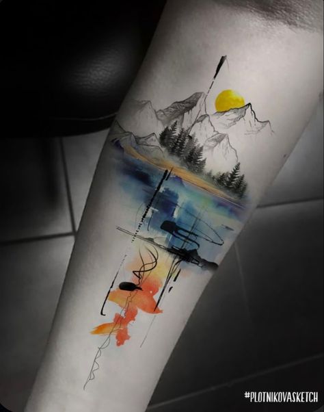 Watercolor Mountains Tattoo, Northern Lights Tattoo, Berg Tattoo, Lake Tattoo, Trash Polka Tattoo Designs, Adventure Tattoo, A Tattoo Design, Mountain Tattoo Design, Abstract Tattoo Designs