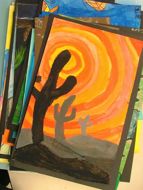 Value silhouettes!  See original explanation.  Great for value (both color and black & white), and perspective!  Can do with 3rd and 4th. 2nd Grade Art, Wilde Westen, 6th Grade Art, Classroom Art Projects, 5th Grade Art, 4th Grade Art, 3rd Grade Art, Inspiration Art, Desert Art