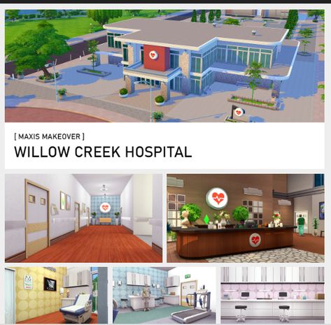 Willow Creek Hospital, Sims 4 Urban Jobs, Sims 4 Hospital Build Layout, Sims 4 Public Lots, Sims 4 Hospital Build, Sims 4 Willow Creek Makeover, Sims 4 Hospital, Hospital Floor Plan, Sims 4 Jobs