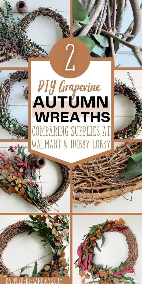 Two fall grapevine wreath DIYs with eucalyptus. Comparing supplies from both Hobby Lobby and Walmart, and how to create these easy wreaths. Fall Grapevine Wreath DIY/ Eucalyptus Grapevine Wreath/ Farmhouse Wreath DIY/ Natural Wreath/ Wreath DIY Ideas/ Cheap Home Decor DIY Homemade Grapevine Wreath, Diy Fall Grapevine Wreath, Fall Grapevine Wreaths Autumn, Floral Grapevine Wreath, Simple Grapevine Wreath Ideas, Grape Vine Wreaths Diy, Hobby Lobby Craft Ideas, Grapevine Wreath Ideas Diy, Fall Grapevine Wreath Ideas