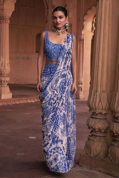 Shop for these amazing collections of Blue Crepe Print Gullista Scoop Neck Embellished Sharara Saree Set For Women by DiyaRajvvir online at Aza Fashions. Blue And White Indian Outfit, Saree Indian Style, Sarees For Diwali, Stylish Way To Wear Saree, Bollywood Indian Outfits, Indian Sari Dress Modern, Classy Sarees Elegant, Indian Wedding Saree For Bride, Modern Saree Look