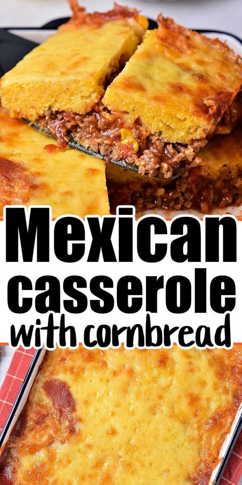 Cornbread Mexican Casserole: Dive into a flavorful fiesta with this hearty and comforting dish! Layers of zesty ground beef, black beans, corn, and cheese are topped with a golden cornbread crust. It's a mouthwatering fusion of Tex-Mex flavors and Southern comfort in every bite. Perfect for family dinners and potlucks! Taco Cornbread Casserole Jiffy, Mexican Cornbread Casserole Jiffy, Cornbread Mexican Casserole, Mexican Cornbread With Ground Beef, Ground Beef Cornbread Casserole, Fiesta Cornbread, Cornbread Mexican, Mexican Cornbread Jiffy, Easy Mexican Cornbread