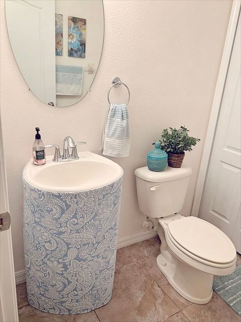 You can't go wrong with soft shades of blue in a powder room. 💧 Do you like the addition of the sink skirt? Sink Curtain Skirt, Under Sink Curtain, Bathroom Sink Skirt, Sink Skirts, Desk Skirt, Sink Curtain, Curtain Skirt, Bathroom Pedestal, Bathroom Pedestal Sink