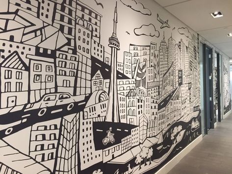 Cityscape Mural, Interior Murals, New York Black And White, Creative Wall, Illustrated Map, Forest Wedding, Wall Graphics, Restaurant Interior, Office Interior Design