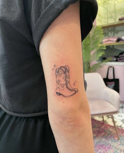 Girly Cowboy Boot Tattoo, Cow Boy Boot Tattoos Simple, Fineline Cowboy Hat Tattoo, Heart Cowboy Boot Tattoo, Cowgirl Boot Tattoo Small With Flowers, Pair Of Boots Tattoo, Pair Of Cowboy Boots Tattoo, Small Boot Tattoo, Boot Tattoos For Women