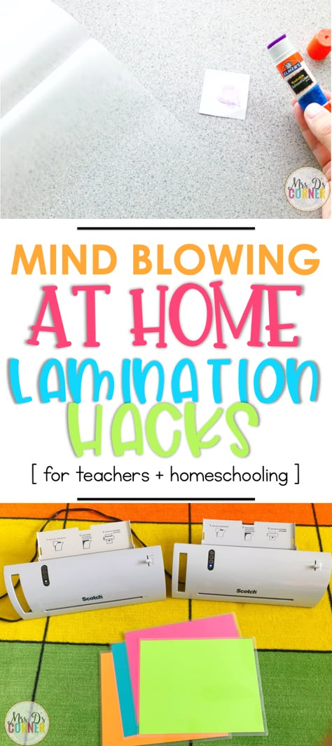 Do you laminate resources and lessons at home for your classroom? Have you ever wanted to laminate bigger or longer resources at home - but it's just not possible? Or maybe you cut laminate cut and your pieces move all over the place. These 5 lamination hacks will blow your teacher mind. Learn all 5 hacks here, only at Mrs. D's Corner. Classroom Laminating Ideas, Glue Hacks For Classroom, Classroom Lighting Alternatives, Laminate Homeschool, Tacky Glue Teacher Hack, Ideas For Laminating, Things To Laminate For Homeschool, Classroom Hacks Preschool, Laminating Hacks For Teachers