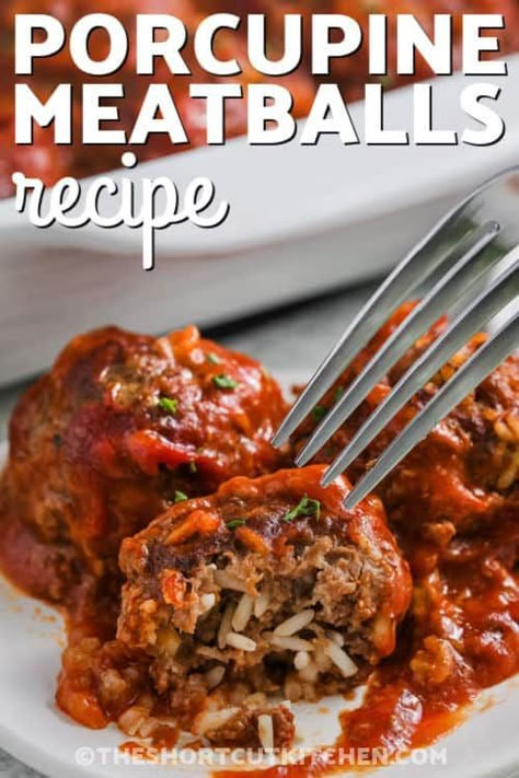 Looking for a quick dinner option that's packed with flavor, then look no further than this oven baked porcupine meatballs recipe! With just a few simple ingredients like ground beef, rice, tomato soup, and savory seasonings, you can whip up a satisfying meal in a snap. #theshortcutkitchen #porcupinemeatballsrecipe #bestporcupinemeatballsrecipe #recipeforporcupinemeatballs #porcupinemeatballsovenrecipe Porcupine Meatballs Oven, Porcupines Recipe, Porcupine Meatballs Easy Crockpot, Beef Porcupine Meatballs, Porcupine Meatball Recipes, Porcupine Recipe, Porcupine Meatballs Easy, Best Italian Meatball Recipe, Porcupine Meatballs Recipe