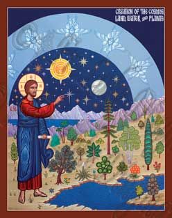 Christ and Creation of the Cosmos; Land, Water, and Plants. Christ Consciousness, Christian Icons, Days Of Creation, World Icon, Eastern Orthodox, Religious Images, Byzantine Icons, Orthodox Christianity, Religious Icons