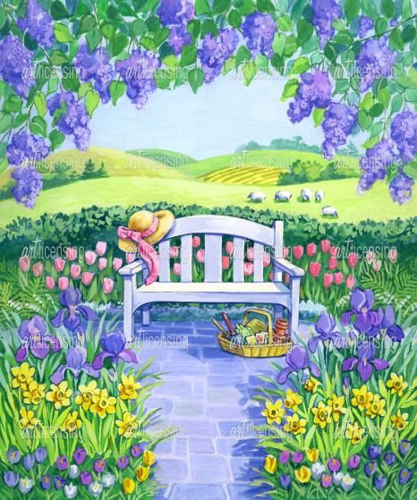 Garden Seat by Geraldine Aikman | Art Licensing Garden Seat, Garden Seating, Garden Bench, Art Themes, House Flags, Artist Canvas, Trademark Fine Art, Painting Prints, Canvas Fabric