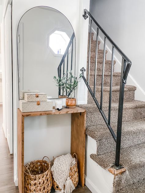 Entryway Table Minimalist, Small Entry Table And Mirror, Tall Narrow Console Table, Small Console Entryway, Tall Narrow Entryway Table, Small Console Table Diy, Accent Table Entryway, Apartment Entryway Table, Tiny Entry Table