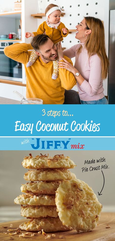 It's time to grab your cookie sheets, put on your favorite baking tunes, and create long-lasting memories. Easy Coconut Cookies made with “JIFFY” Pie Crust Mix is a simple recipe the whole family will enjoy. Jiffy Muffin Mix Cookies, Jiffy Mix Copycat, Jiffy Pie Crust Mix Recipes, Homemade Jiffy Baking Mix Recipe, Blueberry Cheesecake Cookies Jiffy, Coconut Pie Crust, Jiffy Mix Recipes, Jiffy Recipes, Pie Crust Cookies