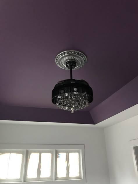 Master Ceiling Sherwin Williams Purple Rain Deep Purple Sherwin Williams, Dark Purple Ceiling, Purple Walls And Ceiling, Purple Ceiling Bedroom, Dark Purple Room Ideas, Purple Wallpaper Room, Dark Purple Accent Wall Bedroom, Plum Ceiling, Lavender Ceiling