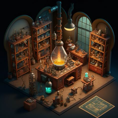 Mad Scientist Lab Concept Art, Alchemist Lab Concept Art, Wizard Observatory, Potion Shop Art, Alchemist Room, Alchemist Shop, Alchemist Lab, Wizard Room, Potion Room