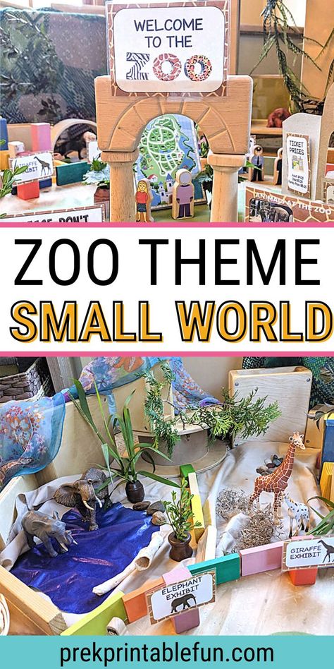 Small world play provides many of the same educational benefits as dramatic play, but it can be created on a much smaller scale! The small world play zoo invitation featured in this post, was created using our Zoo Dramatic Play Set, and combined with play animals, people, blocks, faux greenery, and natural materials. Zoo Dramatic Play, Jungle Animals Preschool, Zoo Activities Preschool, Zoo Lessons, Pretend City, Small World Ideas, Preschool Jungle, Zoo Activities, Zoo Project