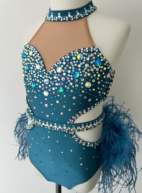 Feathered Dance Costumes, Stoning Ideas For Dance Costumes, Cute Jazz Costumes Dance, Leotard Stoning Ideas, Bedazzled Dance Costumes, Blue Jazz Costume, Dance Costume Base, Sassy Jazz Dance Costumes Competition, Dance Competition Costumes Jazz