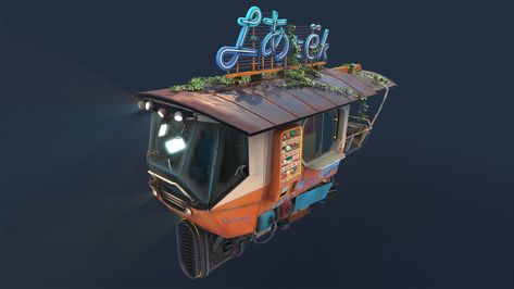 Cyberpunk Food Truck, Food Truck Concept Art, Sci Fi Food, Cyberpunk Food, Character Environment, Food Stall, Model Inspo, Food Cart, New Earth