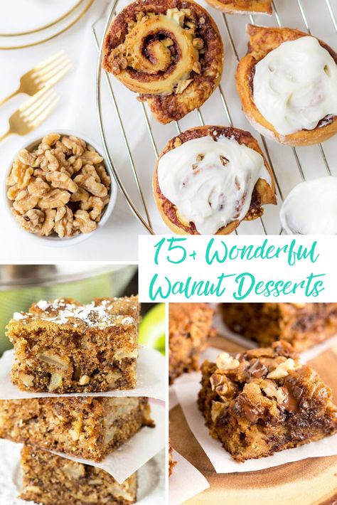 Find your NEW favorite dessert with walnuts! Walnut Dessert | Walnut Dessert Recipes | Recipes with Walnuts #walnuts Desserts With Walnuts Baking, Shelled Walnuts Recipes, Walnut Recipes Dessert Easy, Recipes With Walnuts Baking, Cookies With Walnuts Recipes, Walnut Dessert Recipes, Recipes With Walnuts, Walnut Desserts, Walnut Cinnamon Rolls