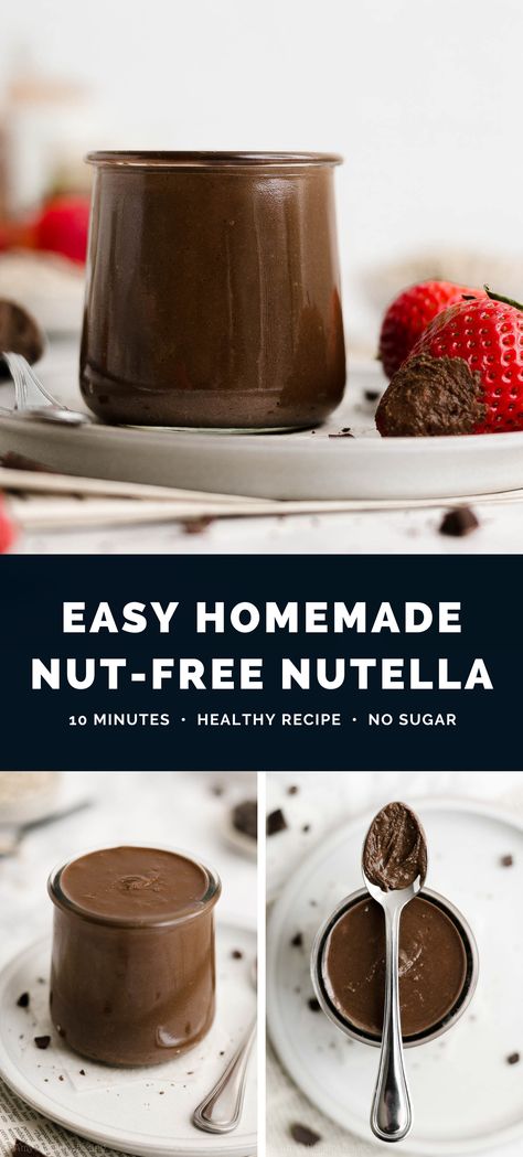 This homemade nutella recipe is SO easy to make. You only need 4 ingredients & a few minutes! It’s sweet, smooth & tastes the same — yet it has no dairy, sugar or nuts. (Hooray for allergy friendly nutella!) Naturally vegan, gluten free, low carb, sugar free & clean eating. I’m obsessed — it’s SO good!! ♡ homemade nutella without hazelnuts. vegan nut free nutella. diy sugar free nutella. dairy free nutella recipe. homemade nut free nutella healthy. how to make nutella at home. Nut Free Nutella Recipe, Vegan Nutella Recipe, Diy Nutella Recipes, Chickpea Nutella Recipe, Homemade Nutella Healthy, How To Make Nutella At Home, Healthy Nutella Recipes, Chickpea Nutella, Chocolate Spread Recipe