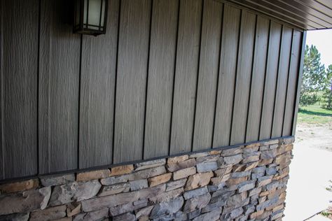 Brown Board And Batten Siding, House Siding Styles, Board And Batten Siding Colors, Metal Board And Batten Siding, Siding Update, Board And Batten Cladding, Front Porch Remodel, Siding Styles, Board And Batten Exterior