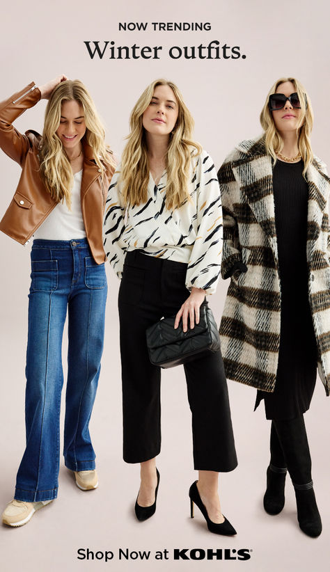 Put some pep in your post-holiday looks with bold pieces that are eye-catching and easy to wear. From printed tops and moto jackets to oversized coats and can’t-miss shoes, find all your winter fashion outfits at Kohl’s and Kohls.com. Kohls Outfits, Oversize Denim Jacket, Baggy Jean Shorts, Women Outfit Ideas, Accordion Skirt, Oversized Coats, Super Beetle, Rock And Roll Fashion, Sneaker Outfits Women