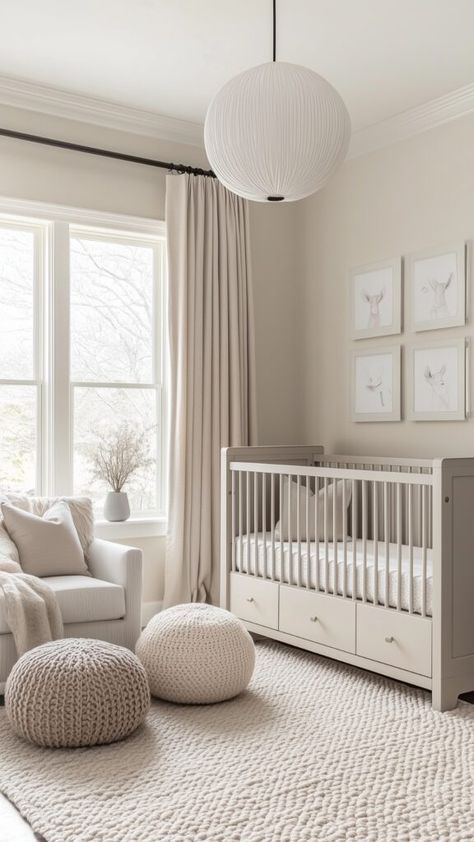 Calm, all-white nursery with a cozy rug, knitted poufs, minimalist crib, and animal sketches. Neutral Nursery Paint Colors, Nursery Paint Colors, Beige Nursery, Neutral Nurseries, Neutral Nursery Ideas, Nursery Interior, Idee Babyshower, Cozy Baby Room, Room Neutral