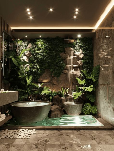 Tropical Bathrooms: Lush Greenery and Dreamy Decor Showers With Plants In Them, Luxury Tropical Interior, Exotic Bathrooms, Tropical Bathroom Ideas, Boho Bad, Rustic Island, Jungle Bathroom, Bathtub Aesthetic, Homestead Property