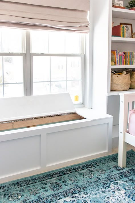 Built In Mudroom Bench With Storage Around Window, Window Bench Seat With Bookshelves, Bookcase Window Wall, Window Seat Measurements, Billy Bookcase Window Seat, Built In Window Seat With Storage, Diy Window Seat With Bookshelves, Built In Shelves With Bench, Windowseat Bookcase