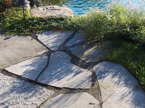 Polymeric Dust versus Polymeric Sand: Which Should I Use? Pool Flagstone, Flagstone Pool Deck, Sandstone Pool Liner, Polymeric Sand Pavers, Sand Patio, Aquastorm Pavers, Polymeric Sand, Slate Patio, Geometric Stone