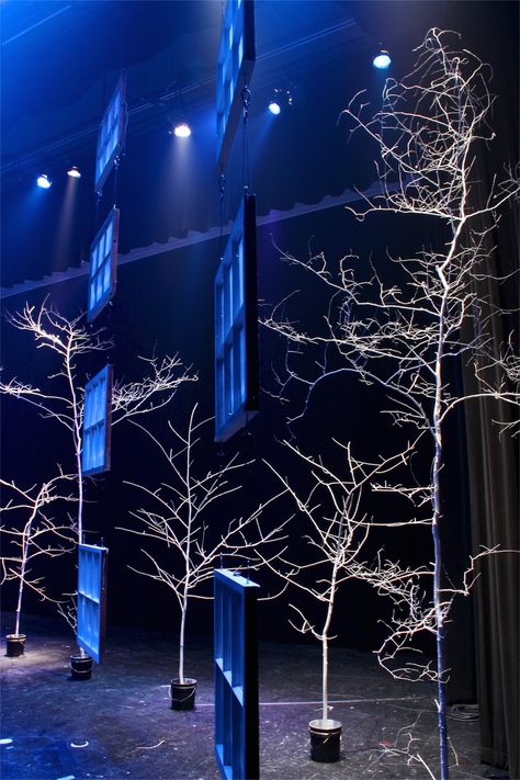 Simple white trees lit up for Christmas Stage Design, with optional frosted floating windows Jasper Jones, Background Stage, Christmas Stage Design, Theatre Inspiration, Christmas Stage, The Legend Of Sleepy Hollow, Wild Duck, Stage Set Design, Set Design Theatre