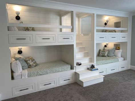 Kids 3 Beds Room, Bed For 4 Kids, Built In 4 Bunk Beds With Stairs, Bunk Bed For 3 Kids, Built In Beds For Kids Small Room, 4 Bed Bunk Bed, 3 Beds In One Room, Bedroom For 4 Kids, 3 Kid Bedroom