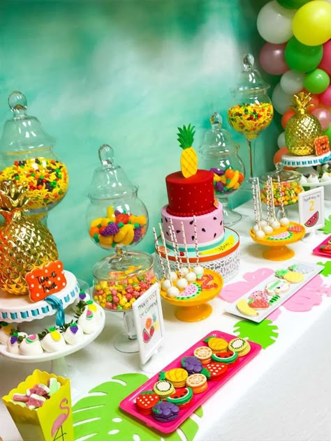 Tutti Fruity Birthday Party Ideas | Photo 2 of 8 | Catch My Party Tooti Fruity Birthday Party, Two Themes Birthday Party, Twoty Fruity Theme, Fruit Party Food, Two-ty Fruity Birthday Party, Tutti Frutti Birthday Party Food, Two Fruity Birthday Party, Fruits Birthday Theme, Two Tti Frutti Birthday Party