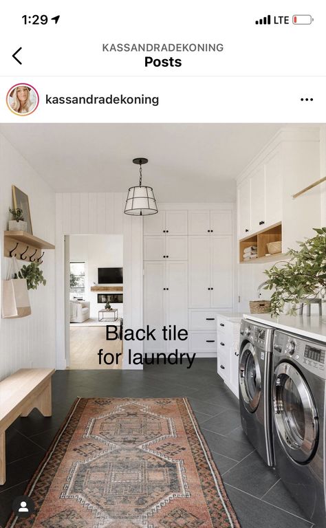 Charcoal Washer And Dryer Laundry Rooms, Laundry Room Black Floor, Black Tile Laundry Room, Black Washer And Dryer Laundry Room, Black Slate Floor, Room Tiles Floor, Perfect Laundry Room, Laundry Room Tile, Black Floor Tiles