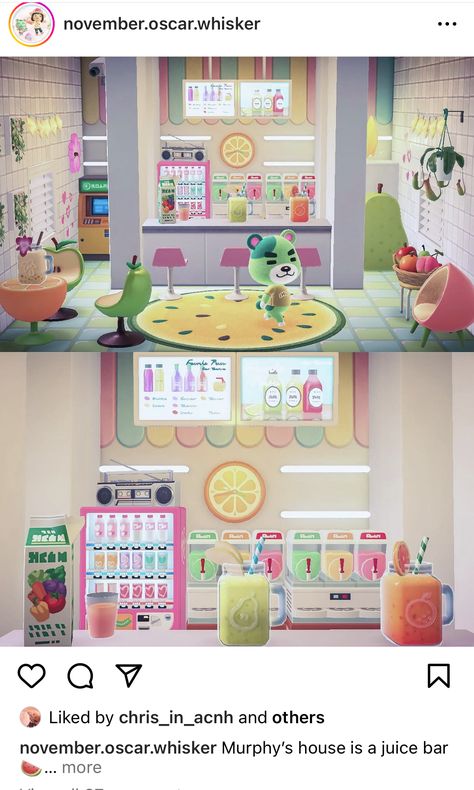 Drink Machine Design Acnh, Juice Bar Animal Crossing, Acnh Karaoke Bar, Acnh Tearoom, Acnh Maximalism, Acnh Hhp Ideas, Animal Crossing Ice Cream Shop, Acnh Juice Bar, Acnh Murphy