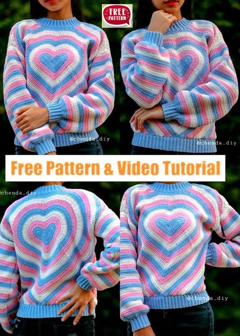 Crochet Heart Pattern Sweater, Crochet Winter Wear Free Pattern, How To Crochet Designs, Crochet Patch Patterns Free, Kawaii Crochet Sweater, Heart Sweater Crochet Pattern Free, Crochet Clothes Tutorial Patterns, Crochet Cardigan Inspiration, Crochet Winter Free Pattern