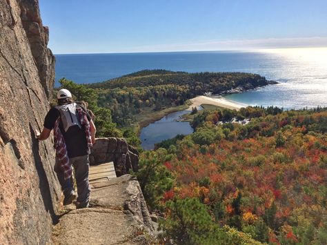 The Beehive Loop Trail - Maine | 1.3 Mile Loop |   The Beehive Trail is a very popular moderate to difficult out and back or loop trail using iron rungs on ledges of exposed cliffs, and is very steep, offering spectacular views of Sand Beach and the surrounding area at Acadia National Park. New England Road Trip, Fall Road Trip, Mount Desert Island, New England Fall, Desert Island, Acadia National Park, Road Trip Itinerary, Scenic Drive, Best Hikes