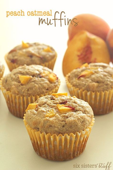 Peach Oatmeal Muffins Recipe - Six Sisters' Stuff | Great for breakfast or an afterschool snack, these muffins are a great summer treat! #sixsistersrecipes Peach Oatmeal Muffins, Vegan Pumpkin Muffins, Peach Oatmeal, Oatmeal Muffin Recipes, Peach Muffins, Banana Nut Muffins, Oatmeal Muffins, Peach Recipe, Vegan Pumpkin