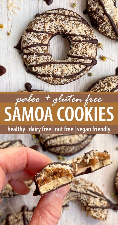 These healthy homemade samoas cookies are my spin on the classic girl scout samoas. This cookie recipe consists of a crunchy shortbread cookie that's topped with date caramel and coconut, then drizzled with dark chocolate. These homemade samoa cookies are gluten free, dairy free, paleo friendly and nut free. Samoa Cookies Healthy, Healthy Samoas, Cookies With Dates, Homemade Samoas, Samoas Cookies, Samoa Cookies, Date Caramel, Dipped Cookies, Coconut Caramel