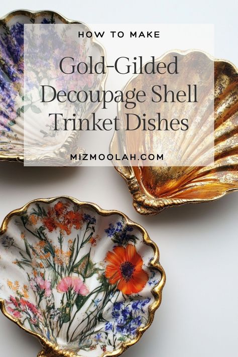 Transform ordinary shells into stunning gold-gilded dishes that not only enhance your decor but also provide a lucrative opportunity! These elegant creations can easily become a profitable venture for crafty entrepreneurs. With a bit of creativity and savvy, you can turn these unique items into a source of revenue. Ready to boost your creative side and wallet? Click through for more money-making inspirations! Diy Shell Trinket Dish, Scallop Shells Craft Ideas, Decoupage Shells Diy, Decorated Shells, Scallop Shell Craft, Crafts That Sell, Decoupage Shells, Diy Dish, Jewelry Dishes