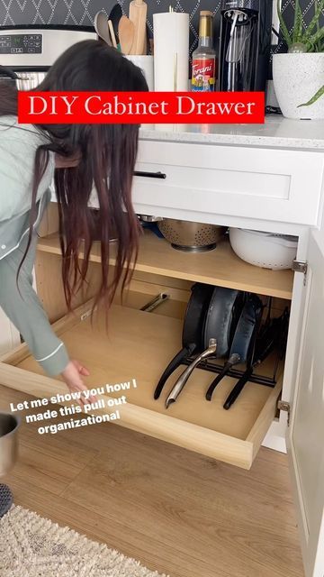 Brandi - DIY Home & Tools on Instagram: "It’s done! I’m comparing the DIY to premade pull out depot options in my stories this week! I did both and I have some thoughts! The slides I used are meant to be installed on the bottom and center of a drawer. They are only rated to about 40lbs so it may not be the best of you have a lot of heavy things going on this drawer. If you want a heavy duty option there are under mount slides available that attach to the cabinet sides. I will link both on my L Drawer Pullouts Pull Out Shelves, Diy Kitchen Pull Out Drawers, How To Add Drawers To A Table, Sliding Cabinet Drawers, Slide Out Shelves Kitchen, Pull Out Lower Cabinet, Kitchen Cabinet Drawer Pullouts, Diy Cabinet Slide Out Shelves, Convert Cabinets To Drawers