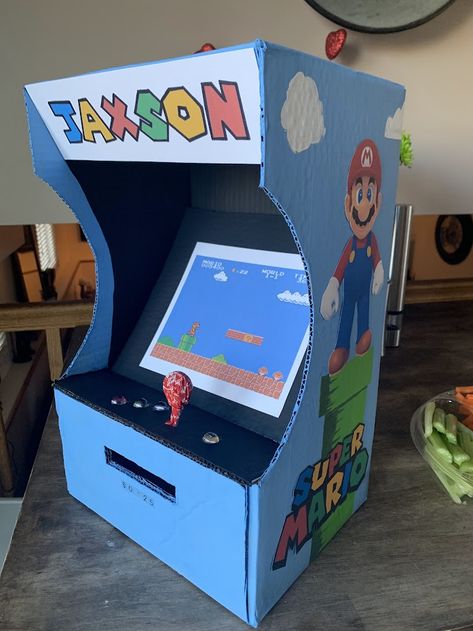 Arcade Valentine Box Ideas, Gamer Valentine Box Ideas, Mario Valentine Box Ideas, Video Game Valentines Boxes, Super Mario Valentine Boxes, Arcade Valentines Boxes, Arcade Box Diy, Card Board Arcade Games Diy, Mario Valentines Boxes