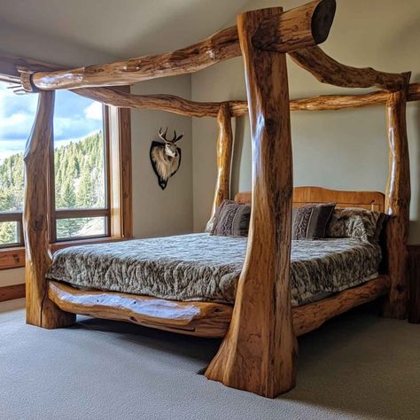 Log Cabin Style Bed Frame Woodworking Bed Plans, Wood Bed Frame Diy How To Build, Viking Bed Frame, King Bedframe Ideas Diy, Creative Bed Frame Ideas, Log Bed Bedroom Decor, Homemade Bed Frame Wood, Wooden Bed Frame Ideas, Wooden Pallet Bed Frame