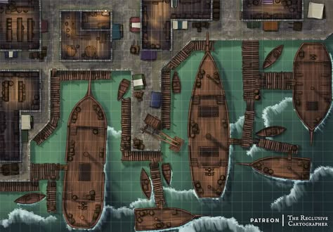 Docks Battlemap Dnd, Dnd Docks Battle Map, Dnd Docks Map, Docks Battlemap, Roll20 Maps, Fantasy City Map, Dnd Stories, Dnd World Map, Battle Map