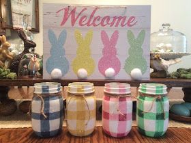 Fresh Vintage by Lisa S: How to paint BUFFALO CHECK PLAID - PASTEL GINGHAM COLORS on Mason Jars Paint Mason Jars, Simple Easter Decor, Easter Egg Projects, Trendy Easter, Easter Mason Jars, Pastel Gingham, Easter Wood Crafts, Pastel Easter, Easy Easter Crafts